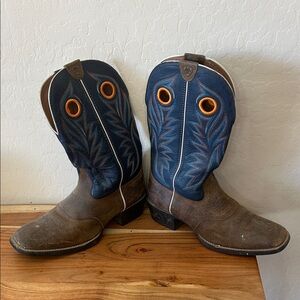 Ariat Men's Navy Blue & Brown Pull-On Western Boots with Orange Pull Holes
